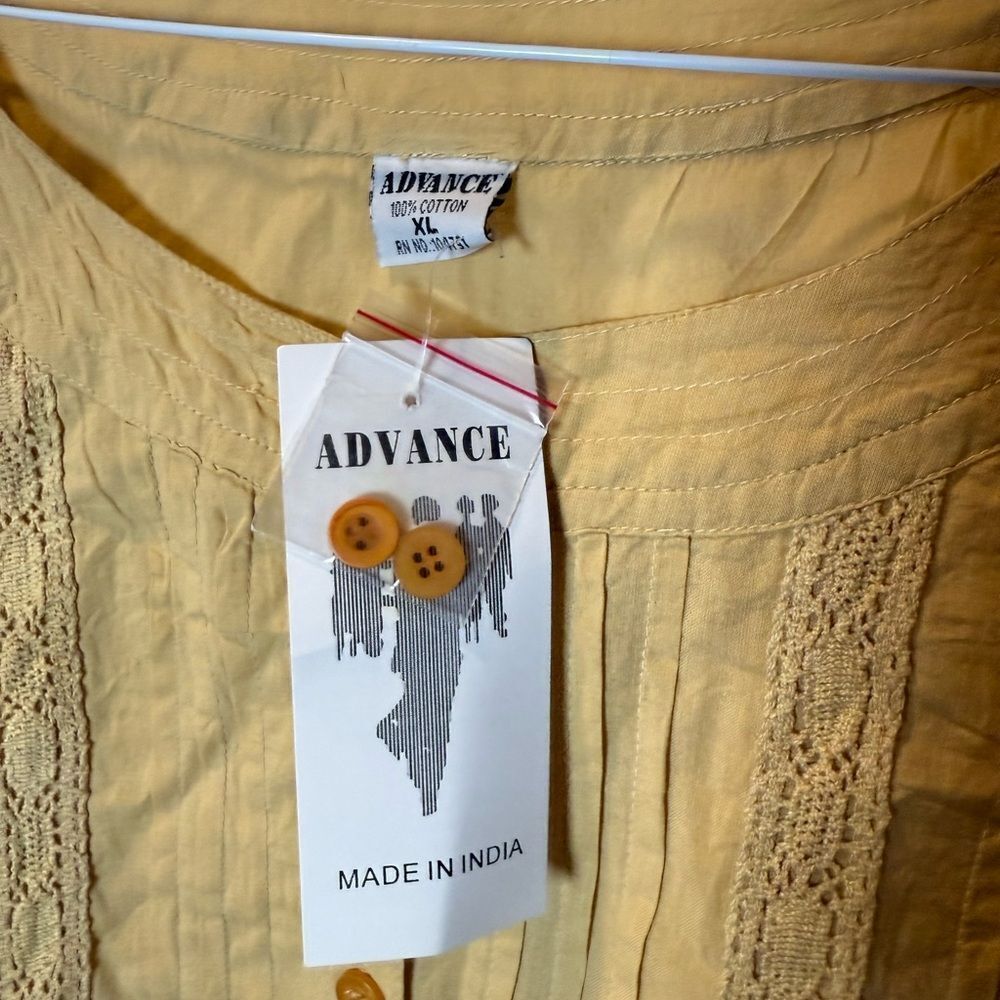 New Vintage Advance Apparels Creek Mustard Button-Down Peplum Blouse with lace - Picture 2 of 8